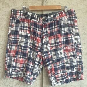 G.H. Bass Patchwork Madrid Plaid Men's Shorts - Red, Blue, White Sz 36 USA Made
